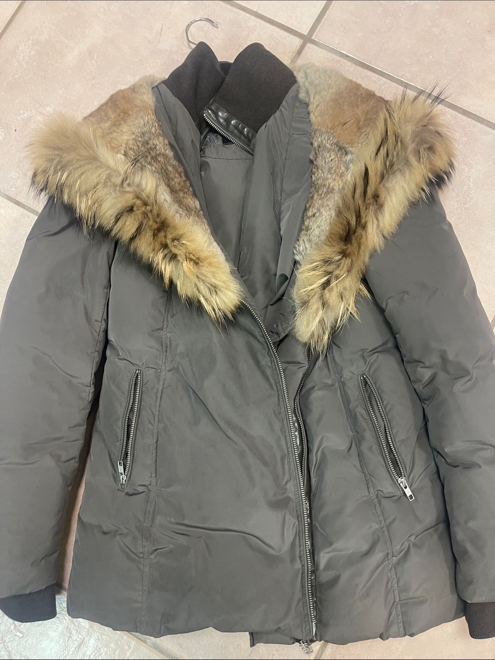 Mackage Gray Puffer Jacket with Fur-Trimmed Hood